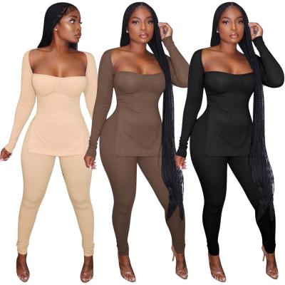 China Fashion Sustainable Ladies 2 PCS Outfits Long Slit Tops Ribbed Autumn Women Pants Two Piece Set for sale