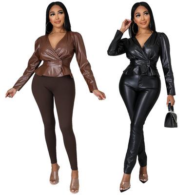 China Fashion Viable High Quality Leather Women's Autumn Winter Flocked Long Sleeve V-neck Long Sleeve Leather Jacket for sale