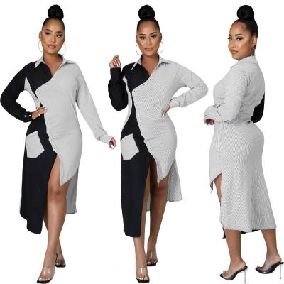 China Autumn and winter contrast color long-sleeved shirt skirt anti-static irregular casual dress for sale