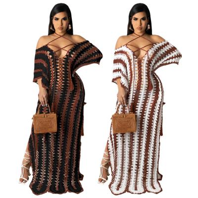 China 2021 New Ladies Anti-Static Casual Dress Knitted Holes Color Block Summer Women Maxi Dresses for sale