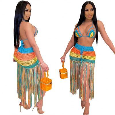 China LXE 2021 breathable fashion crocheted tassels swimwear woman beach wear cover up 2 piece swimsuit for sale