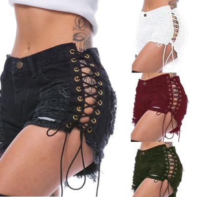 China Breathable High Waist Bondage Lace Up Short Pants Womens Summer Denim Pants Ripped Womens Booty Jeans Abbreviations for sale