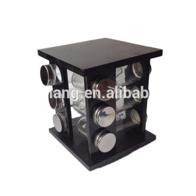 China Factory price 12pcs/set viable glass spice jar set with square black wood rotating display stand for sale