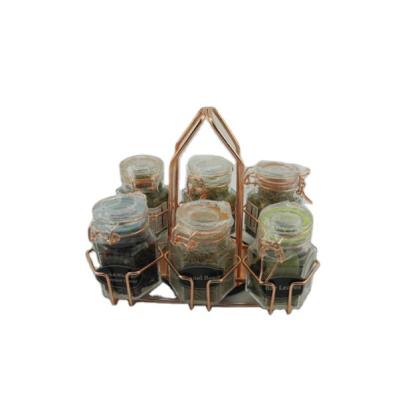 China Viable Glass Spice Jars With Gold Rack , Set Of 6pcs Glass Spice Jar Set With Metal Rack for sale