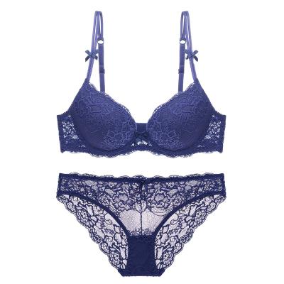 China Breathable manufacturers spot European and American commercial lace thick cups gather sexy ladies underwear bra set for sale