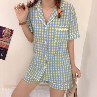 China Home Drunk Short Sleeved Service Box Shorts Summer Plaid Shirt Breathable Cardigan Worn Outside Casual Pajamas Suit Women Pajamas Sleepwear for sale