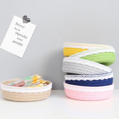 China Eco-friendly Colorful Rope Woven Folding Sundries Storage Baskets Nordic Style Tabletop Storage Basket Lace Cotton Woven Sundries Storage Baskets for sale