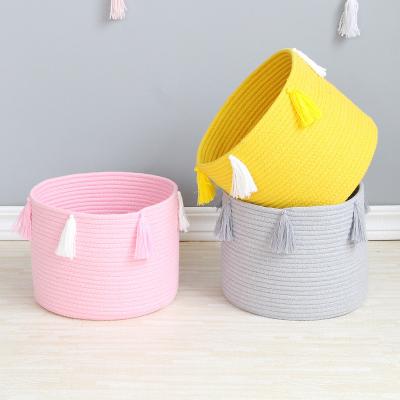 China Hot Selling Folding Cotton Rope Storage Basket Clothes Basket Baby Toys Storage Basket Tassel Woven Laundry Basket for sale