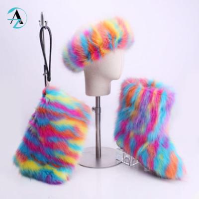 China New Warm Women And Kids Winter Rainbow Fluffy Boots Fur Boots Set Customized Design Lightweight Faux Fox Fur Logo for sale