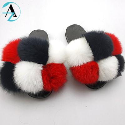 China Fashion Trend Women's Luxury Custom Open Toe Sandals Fluffy Fox Fur Bedroom Slippers Mixed Color Six Balls Real Women's Slippers for sale