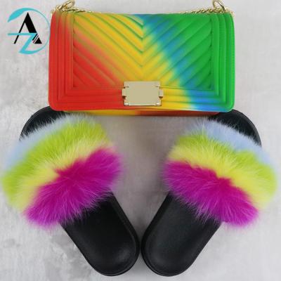 China Fox fashion trend factory real raccoon fur slipper slides direct fluffy fur sandals and flat furry purse handbag sets for ladies for sale