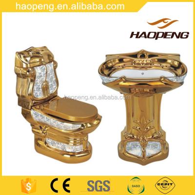 China Bathroom Sanitary Ceramic Plating Toilet Gold Color Gold Color W C Double-flush Two Pieces With Pedestal Wash Basin for sale