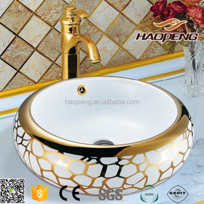 China Bathroom / Hotel / Hospital Dining Room Gold Plated Colorful Art Basins Countertops Ceramic Sinks Wash Basin G673 for sale