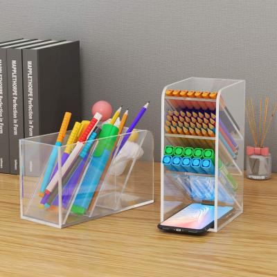 China Desktop Stocked Acrylic Organizer Clear Pen Pencil Holder for Office School Makeup Brush Organizer Storage with 4 Compartments for sale