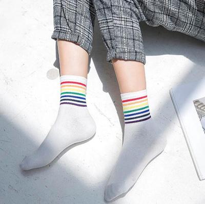 China QUICK DRY Korean Fashion Harajuku Tube Rainbow Color Striped Socks Cute Casual Cotton Socks Women for sale