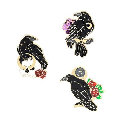 China Hot Black Dark Cartoon Animal Brooch Europe Crow Accessories Crow Rose Flower Brooch Pins Bird Lapel Pins for sale