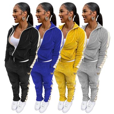 China 2021 New Design Solid Color Velvet Cardigan Korean Wholesale QUICK DRY Side White Stripe Two Piece Set Tracksuit For Women for sale