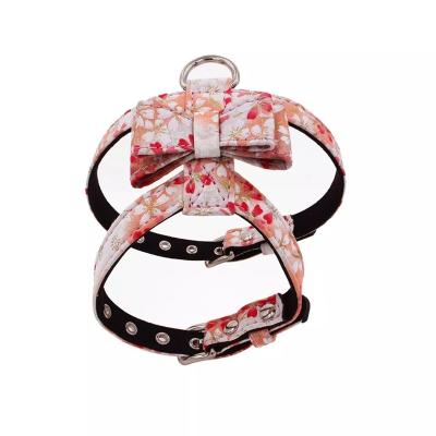 China New Fashion Thoughtful Logo Pu Pet Leash Custom Made Luxury Bowknot Printed Adjustable Dog Harness for sale