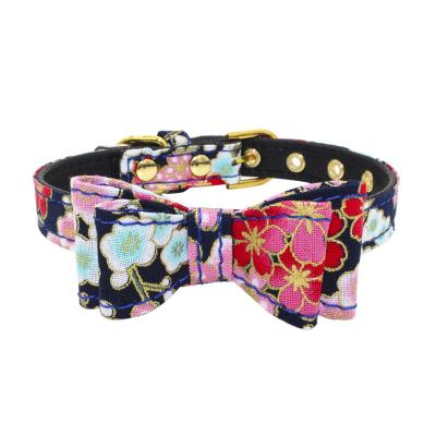 China Wholesale Fashion Custom Printed Fabric Pet PU Leather Adjustable Dog Collar With Fixed Bowknot for sale