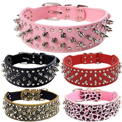 China Hot Selling Personalized Amazon Pet 2 Inch PU Leather Large Adjustable Pointed Studded Dog Collar for sale