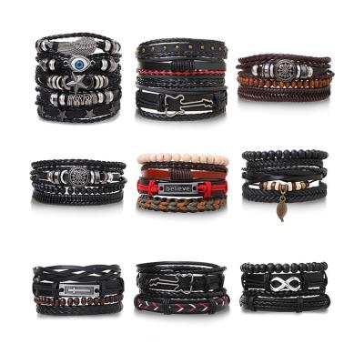 China New high quality statement fashion manual letters watches star skull multilayer bracelets set hand braided leather bracelet wholesale for men for sale