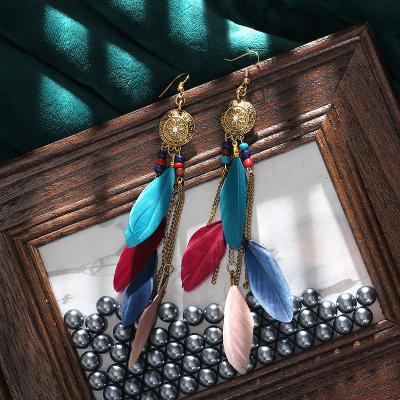 China 2022 Fashionable Vintage High Quality Leaf Shape Colorful Chain Feather Statement Tassel Bohemian Long Earings Wholesale for sale