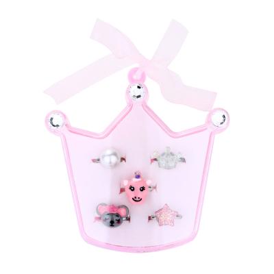 China High Quality 5pcs Multicolor Kids Toy Ring Set Mouse Ox Charms Adjustable Kids Ring Crown Plastic Box Jewelry Packaging Box Set for sale