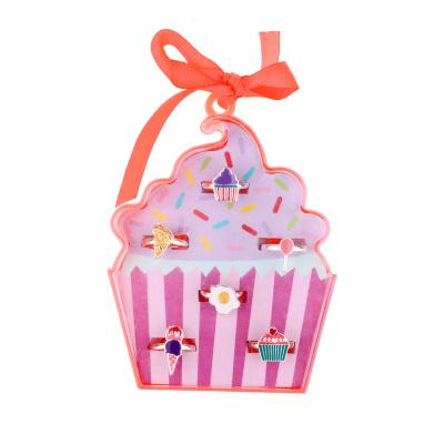 China Wholesale Kids Jewelry 6pcs High Quality Ring Cartoon Pizza Ice Cream Shape Box Alloy Enamel Color Toy Ring Zinc Alloy Cute 7*9.5cm for sale