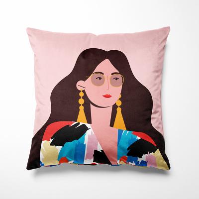 China Waterproof Decorative Trendy Girl Character Abstract Short Velvet Sofa Pillow Cover 40x40 for sale