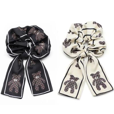 China Silk Hair Scrunchies Hair Bow Ribbon Top Scarf Small Bear Elastic Wholesale Fashionable Printing for Women for sale