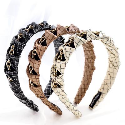 China Eco-Friendly Women Soft PU Leather Striping Braids Hairband Headband Gold Alloy Chain Twisted Head Wear Padded Hair Accessories for sale