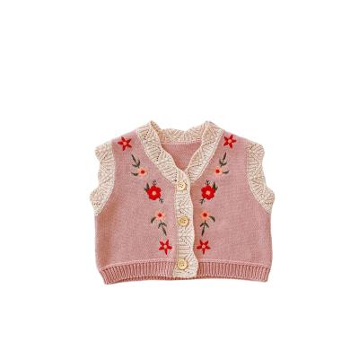 China Autumn Female Baby Vest Infant Breathable Knitted V-Neck Embroidered Cotton Yarn 0-3 Years Old Cardigan Vest Top Children Wear for sale