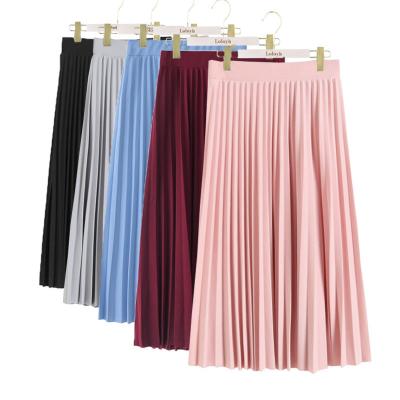 China Autumn Customized Elastic Women Plus Size Spring High Waist Long Skirt Solid Color Pleated Skirts for sale