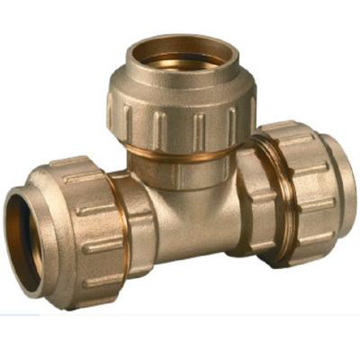 China Brass Water Pipe System Tee With 3 Connectors Plug Fitting For PE Pipe for sale