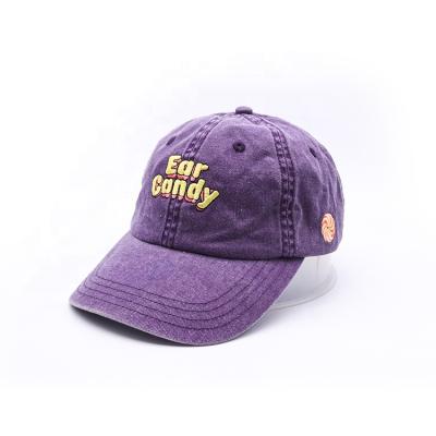 China 2021 Custom Denim Hat 6 Panel Unstructured Denim Hat Purple Washed Embroidery Hat Supplier for sale