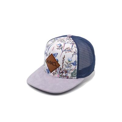 China COMMON blue mesh suede bill flat snapbcak hat, floral sublimation snapback mesh hat, leather patch logo sport hat for sale