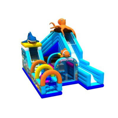 China Best 0.55mm Tarpaulin +1000D PVC Innerial Octopus Custom Fireproof Bulkhead Bestselling Inflatable Slide Bounce House With Obstacles For Outdoor for sale