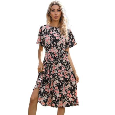 China 2021 Summer Round Neck Women's Anti-Static Round Neck Floral Dress Women's Tulle Short Sleeve Dress for sale