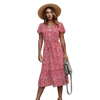 China European and American anti-static spring dress and temperament petite floral red summer dress for sale