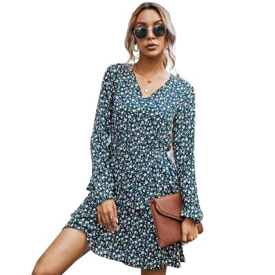 China Autumn Women's Long Sleeve Anti-Static Round Neck Soft Floral Casual Dress for sale