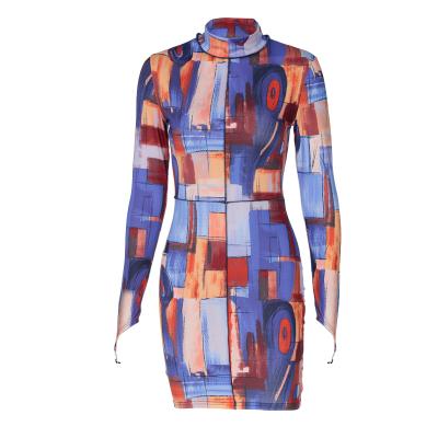 China Anti-static New Autumn 2022 Printed Long Sleeve Fashion Casual Slim Women's Dress High Hip Wrap Collar for sale