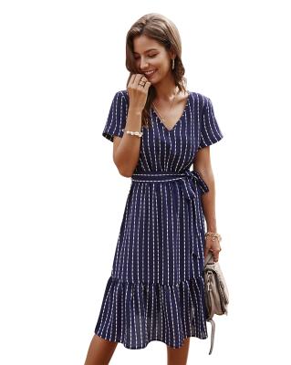 China European and American women's V-neck sexy temperament anti-static striped dress for sale