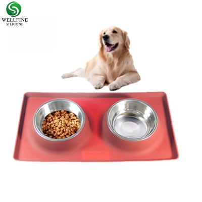 China Sustainable Silicone Stainless Steel Pet Rolls Dog Food Water Bowls With No-Spill And Non-Skid Feeder Bowls With Silicone Mat for sale