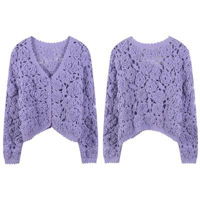 China 2022 high quality Anti-wrinkle 3D women's coats mohair rose flower hollow crochet v neck handmade cardigan sweater for sale