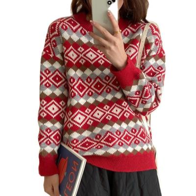 China Anti-wrinkle 2022 New Design Vintage Casual Jacquard Knitted New Year Pullover Women Christmas Sweater for sale