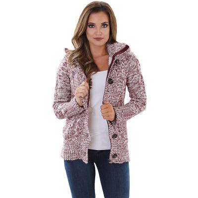 China Anti-Wrinkle OEM Winter Coats For Women Hooded Knit Cardigan Long Sleeve With Pocket Button Jacket Sweater for sale