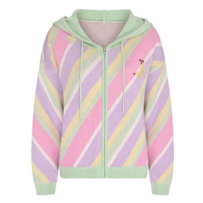 China 2022 Anti-wrinkle OEM factory custom long sleeve hooded rainbow striped ladies knit beauty jacquard cardigan coat women sweater for sale