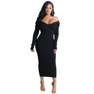 China New Anti-wrinkle V-neck Sexy Off-Back Ladies Long Dress Solid Color Knit Long Sleeve Sweater for sale