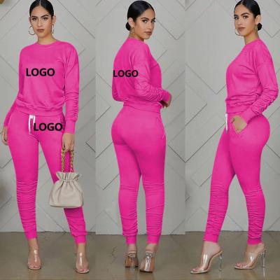 China New Design Casual Solid Color Women's Long Sleeve QUICK DRY Long Sleeve Outfits Lace Up Logo Two Piece Pant Custom Made 2 Piece Fashion Set for sale