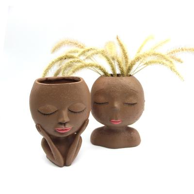 China Lady Resin Face Planter Table Pot Light Wholesale Art Sculpture Modern Home Decorative Planter for sale